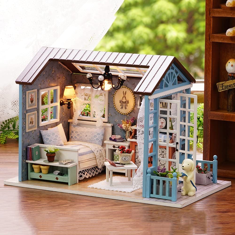 DIY Miniature Dollhouse Kit,UniHobby Time Apartment DIY Dollhouse Kit with  Wooden Furniture Light Gift House Toy for Adults